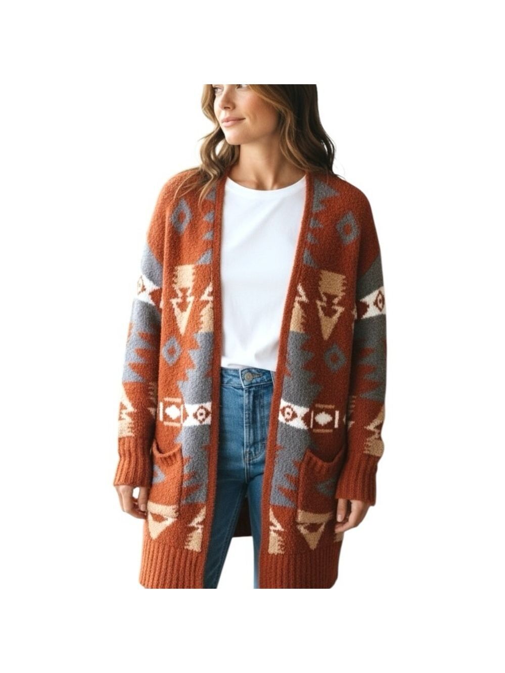 Warm Cozy Lifestyle Knit Cardigan Southwestern Rust Brown Chenille Sz L Western